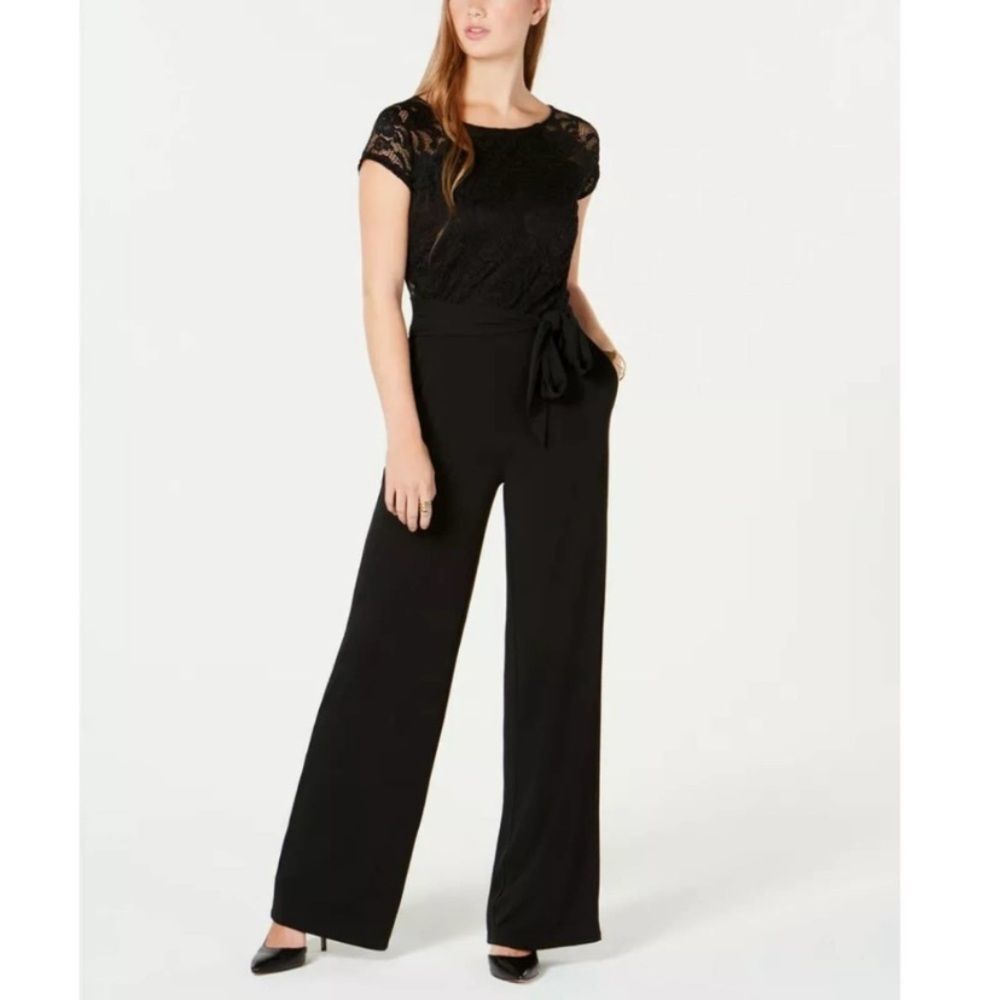 BCX Women’s Black Lace Bodice Cap-Sleeve Belted Tie Waist Wide-Leg Jumpsuit Sz 3